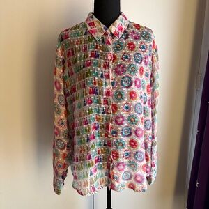 APNY Multicolored Sheer Button Up Shirt Blouse Roll Tab Sleeve Women’s Large
